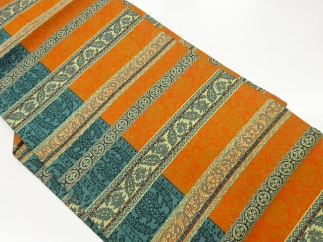 横縞に更紗模様織出し名古屋帯